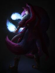 1boy absurdres animal_ears aqua_eyes black_background black_boots boots casting_spell closed_mouth commentary commission dark_background fox_boy fox_ears fox_tail from_side full_body hashtag-only_commentary highres indie_virtual_youtuber jester_costume jester_enrel_(vtuber) kitsune long_hair looking_to_the_side multiple_tails numanoan pants profile puffy_sleeves purple_hair solo standing tail virtual_youtuber