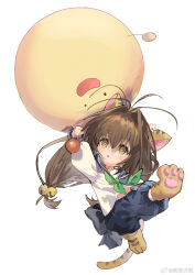 1girl antenna_hair bright_pupils brown_eyes brown_hair di_gi_charat full_body gema green_neckerchief highres holding ichi_(two_too_22) long_hair midriff_peek neckerchief open_mouth parted_lips puchiko school_uniform shorts simple_background solo white_background white_pupils