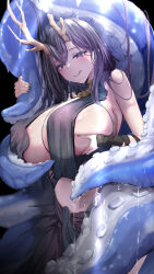 1girl antlers areola_slip asymmetrical_horns azur_lane black_hair breast_curtains breasts commentary_request deer_antlers golden_hind_(azur_lane) grabbing_own_breast hair_on_horn highres horns huge_breasts looking_at_viewer mole mole_under_mouth navel purple_eyes raru_(nanaharararu) reindeer_antlers revealing_clothes solo suggestive_fluid tentacles