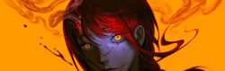 1girl absurdres blood blood_on_face blood_spray braid braided_ponytail brain chainsaw_man commentary_request exposed_brain highres huli_xiaobai looking_at_viewer makima_(chainsaw_man) medium_hair orange_theme red_hair ringed_eyes simple_background solo user_zenn5372 yellow_background yellow_eyes