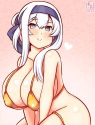 1girl bikini blue_eyes blue_headband border breasts cleavage collarbone commentary_request cowboy_shot dated folded_ponytail gold_bikini gradient_background headband heart kamoi_(kancolle) kanon_(kurogane_knights) kantai_collection large_breasts one-hour_drawing_challenge pink_background side-tie_bikini_bottom sitting smile solo swimsuit thick_eyebrows untied_bikini white_border