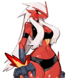 1girl armband bare_shoulders beak black_armband black_buruma black_choker black_sports_bra blaziken blue_eyes breasts buruma choker claws cleavage colored_sclera colored_skin commentary creatures_(company) english_commentary from_side furry furry_female game_freak gen_3_pokemon hair_over_shoulder highres large_breasts long_hair looking_to_the_side navel nintendo pendant_choker pokemon pokemon_(creature) red_skin simple_background solo sports_bra thighs upper_body usa37107692 white_background wide_hips yellow_sclera