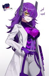 Rule 34 | 2girls, absurdres, arm cannon, belt, blue headwear, coat, covered navel, frown, genderswap, genderswap (mtf), grey hair, grey pants, hair over one eye, hat, highres, humanization, idzuki kenkyu-in, lab coat, long hair, looking up, multiple girls, one eye covered, orange eyes, pants, parted lips, purple belt, purple hair, robot ears, shaded face, sharp teeth, shockwave (transformers), solo focus, soundwave (transformers), teeth, transformers, transformers cyberverse, very long hair, weapon, white coat