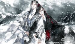Rule 34 | 2boys, black hair, black hanfu, chinese clothes, closed mouth, couple, faux traditional media, grey eyes, hair ribbon, hanfu, headband, high ponytail, holding hands, ink wash painting, kcllzas163, lan wangji, locked arms, long hair, long sleeves, looking at viewer, male focus, modao zushi, mountain, multiple boys, outdoors, ponytail, red ribbon, red sash, ribbon, robe, sash, sitting, smile, snow, snowing, third-party source, watermark, web address, wei wuxian, weibo watermark, white hanfu, white headband, wide sleeves, yaoi