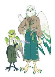 1boy 1girl androgynous artist_name beak belt bird bird_boy bird_girl brown_scarf brown_shirt cargo_pants dated feathered_wings feathers fluffy furry green_feathers green_pants highres long_sleeves original pants purple_eyes scarf shirt shuini_xiaomao size_difference sketch suspenders talons twitter_username white_feathers wings yellow_eyes