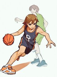 2boys ball basketball_(object) basketball_uniform black_eyes black_shorts brown_hair dark-skinned_male dark_skin dribbling_(basketball) faceless faceless_male green_shorts kel_(faraway)_(omori) kel_(omori) male_focus multiple_boys omori open_mouth orange_shoes rami_1300 shoes short_hair shorts simple_background sneakers socks sportswear white_background white_socks