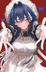 1girl absurdres apron black_dress blue_eyes blue_hair braid breasts broken_heart commentary dress embroidery fanged_bangs frilled_apron frilled_hat frills hair_between_eyes hair_intakes hair_over_shoulder hat heart heart-shaped_pupils highres hololive hololive_english juliet_sleeves large_breasts long_dress long_hair long_sleeves looking_at_viewer low_twin_braids maid maid_apron mob_cap mogu_(au1127) official_alternate_costume official_alternate_hairstyle open_mouth ouro_kronii ouro_kronii_(maid) puffy_sleeves puritan_collar reaching reaching_towards_viewer red_background simple_background solo straight-on symbol-shaped_pupils tearing_up twin_braids victorian_maid virtual_youtuber white_apron white_hat