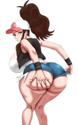 1girl absurdres ass ass_focus bare_shoulders baseball_cap blue_eyes blush breasts brown_hair deep_skin from_behind grabbing_own_ass hat highres hilda_(pokemon) huge_ass huge_breasts leaning leaning_forward long_hair looking_back looking_down matsumaruyama nintendo parted_lips pokemon pokemon_bw ponytail short_shorts shorts sideboob solo sweat thick_thighs thighs
