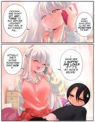 2girls 2koma :d ^_^ anya_(grs-) black_hair black_pantyhose blanc_(grs-) blush brown_eyes cellphone chest_of_drawers closed_eyes comic commentary cunnilingus english_commentary english_text grin grs- hair_ornament hairclip highres holding holding_phone indoors jitome long_hair multiple_girls open_mouth oral original pantyhose phone pink_eyes pink_skirt sitting skirt smartphone smile speech_bubble spoken_character sweatdrop sweater_vest teeth torn_clothes torn_pantyhose upper_teeth_only white_hair yuri