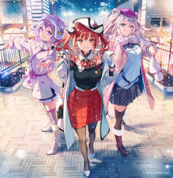 3girls :q alternate_costume animal_ears beret black_pantyhose black_skirt black_thighhighs blue_eyes boots brown_footwear commentary_request gloves hat heterochromia hololive houshou_marine lion_ears lion_girl long_hair looking_at_viewer multiple_girls nekomata_okayu outdoors outstretched_arms pantyhose purple_eyes purple_hair purple_headwear red_eyes red_hair red_skirt shishiro_botan short_hair skirt smile standing thighhighs tiv tongue tongue_out twintails virtual_youtuber white_footwear white_gloves white_hair white_headwear
