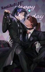 2boys argyle_background belt_collar belt_pull black_coat black_hair black_necktie black_pants chest_belt choker closed_eyes coat collar collared_shirt commentary couch english_commentary full-stop_office_(identity)_(project_moon) gloves grey_shirt grin happy_birthday heathcliff_(project_moon) high_ponytail highres hong_lu_(project_moon) lapels limbus_company male_focus multiple_boys necktie notched_lapels pants ponytail project_moon shirt sitting sitting_on_lap sitting_on_person smile tiinasai white_gloves white_shirt
