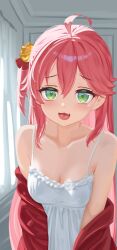 1girl :3 :d absurdres ahoge alternate_costume breasts cleavage double-parted_bangs fang green_eyes hair_between_eyes highres hololive jacket long_hair looking_at_viewer loungewear maverick_(mvk022) medium_breasts off_shoulder one_side_up open_mouth pink_hair red_jacket sakura_miko smile solo upper_body virtual_youtuber white_chemise