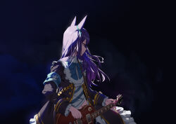 1girl absurdres animal_ears black_dress dress frilled_dress frills highres horse_ears horse_girl instrument long_hair mejiro_ryan_(umamusume) music playing_guitar playing_instrument purple_eyes purple_hair rose_guns_days solo tuomali umamusume