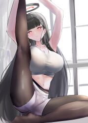 1girl absurdres alternate_costume aramocyaillust armpits black_pantyhose blue_archive blunt_bangs blush breasts cleavage highres holding_own_leg leg_up long_hair looking_at_viewer navel no_shoes pantyhose parted_lips red_eyes rio_(blue_archive) short_shorts shorts sidelocks sitting solo stomach tank_top white_shorts white_tank_top