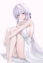 1girl absurdres ass bare_legs barefoot blush breasts covered_erect_nipples dress grey_hair gurami_(zangizarang) half_updo highres knees_up lace lace-trimmed_dress lace_trim large_breasts legs_together light_smile long_hair looking_at_viewer original panties pantyshot purple_eyes sitting sleeveless sleeveless_dress smile solo underwear very_long_hair white_dress white_panties