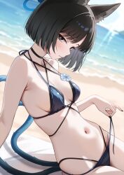 1girl animal_ears bad_id bad_twitter_id bakeneko bikini black_choker black_eyes black_hair black_nails black_tail blue_archive blue_bikini blue_sky blue_tail blush breasts cat_ears cat_girl cat_tail choker closed_mouth commentary_request criss-cross_halter criss-cross_straps fingernails gradient_tail halterneck highres kikyou_(blue_archive) kikyou_(swimsuit)_(blue_archive) layered_bikini looking_at_viewer marisasu_(marisa0904) medium_breasts multiple_tails nail_polish navel official_alternate_costume short_hair sitting sky solo stomach swimsuit tail two_tails untied_bikini_bottom