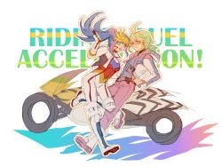 1boy 1girl blonde_hair blue_eyes blue_hair blue_jacket bodysuit breasts d-wheel english_text full_body genderswap genderswap_(ftm) genderswap_(mtf) green_hair high_ponytail holding holding_wrench hugo_(yu-gi-oh!) jacket long_hair medium_breasts medium_hair multicolored_hair pants pink_pants ponytail rin_(yu-gi-oh!) simple_background two-tone_hair udoshiyo white_background white_bodysuit white_jacket wrench yellow_eyes yu-gi-oh! yu-gi-oh!_arc-v