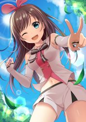 1girl ;d aqua_eyes arm_warmers blue_sky brown_hair cloud day female_focus hairband highres kizuna_ai kizuna_ai_inc. lace-trimmed_sleeves lace_trim long_hair looking_at_viewer multicolored_hair navel one_eye_closed open_mouth pink_hair pink_hairband shorts sky smile solo sun sunlight two-tone_hair v virtual_youtuber white_shorts yuusa