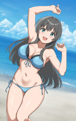 Rule 34 | :d, arms up, beach, bikini, black hair, blue bikini, blue eyes, blue sky, breasts, cleavage, cloud, collarbone, commentary request, day, flower, front-tie bikini top, front-tie top, hair flower, hair ornament, highres, infinite moppy, large breasts, long hair, navel, ocean, open mouth, outdoors, partial commentary, sand, saten ruiko, side-tie bikini bottom, sky, smile, stomach, swimsuit, teeth, thigh gap, toaru kagaku no railgun, toaru majutsu no index, upper teeth only, water