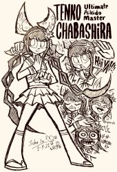 !? :&gt; absurdres bell bow chabashira_tenko character_name closed_mouth danganronpa_(series) danganronpa_v3:_killing_harmony dated doodle_inset english_text flying_sweatdrops full_body greyscale hair_ribbon hairband hatching_(texture) highres josh-s26 long_hair long_sleeves mole mole_under_mouth monochrome multiple_views open_mouth ribbon shirt signature simple_background skirt smile socks standing sweatdrop teeth twintails upper_teeth_only very_long_hair white_background