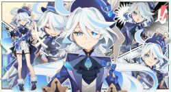 Rule 34 | !, !!, +++, 1girl, absurdres, ascot, black ascot, black gloves, blue brooch, blue eyes, blue gemstone, blue hair, blue hat, blue jacket, bow, brooch, closed eyes, closed mouth, commentary request, cowlick, drop-shaped pupils, eyelash ornament, frilled footwear, frilled sleeves, frills, furina (genshin impact), gem, genshin impact, gloves, hair between eyes, hand on own hip, hat, highres, jacket, jewelry, long hair, long sleeves, looking at viewer, mismatched pupils, multicolored hair, open mouth, polka dot, polka dot background, shorts, simple background, smile, sophcq, sparkle background, spoken exclamation mark, streaked hair, surprised, sweat, symbol-shaped pupils, top hat, vision (genshin impact), white hair, white shorts, white trim