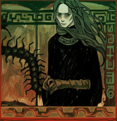 1boy 3: absurdres black_eyes black_robe brown_hair bug centipede cleft_chin closed_mouth elbow_gloves enki_(fear_&amp;_hunger) fear_&amp;_hunger_(series) fear_&amp;_hunger_1 frown furrowed_brow gloves green_gloves highres jewelry long_hair long_sleeves looking_to_the_side necklace priest raekiv robe signature snake solo standing wavy_mouth