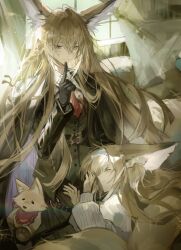 Rule 34 | 2girls, absurdres, animal ears, arknights, belt, belt buckle, black belt, black gloves, black jacket, blonde hair, blue hairband, buckle, buttons, closed eyes, closed mouth, facial scar, finger to own chin, frilled hairband, frills, gloves, hair between eyes, hairband, highres, jacket, lens flare, light particles, long hair, long sleeves, looking at another, lying, mother and daughter, multicolored hair, multiple girls, official alternate costume, scar, scar on cheek, scar on face, sleeping, smile, solsolix, streaked hair, stuffed animal, stuffed toy, suzuran (arknights), suzuran (spring praise) (arknights), sweater, very long hair, vulpisfoglia (arknights), white hair, white sweater