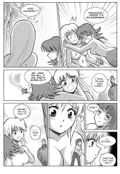 3girls anna_(karbo) blush breasts cleavage crisis felarya giant giantess hug karbo lamia lea_(karbo) long_hair medium_breasts monster_girl multiple_girls nipples nude short_hair