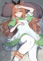 1girl animal_ears apron arm_up black_hairband blue_eyes blunt_bangs blush brown_hair closed_mouth dress green_dress hairband hand_up head_on_pillow highres horse_ears horse_girl knee_up long_hair lying on_back panties pillow puffy_short_sleeves puffy_sleeves queensalmon221 short_sleeves silence_suzuka_(umamusume) solo umamusume underwear very_long_hair white_apron white_panties