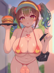 1futa absurdres areola_slip bare_arms bare_shoulders bikini blurry blurry_background blush breasts brown_hair burger censored chest_tattoo chestnut_mouth cleavage commentary cowboy_shot crotchless crotchless_bikini erection food futanari heart heart-shaped_pupils heart_tattoo highres imadake_dabuchi_tabemi large_areolae large_breasts looking_at_viewer mcdonald&#039;s medium_hair micro_bikini mosaic_censoring multicolored_eyes nail_polish navel nozora_yuzu original paid_reward_available parted_lips penis penis_out red_bikini solo swimsuit symbol-shaped_pupils tattoo twintails two-tone_eyes variant_set