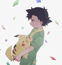 1boy absurdres ash_ketchum black_hair closed_mouth commentary_request confetti from_side gen_1_pokemon green_shirt green_shorts highres holding holding_pokemon kurage2535 male_focus nintendo pikachu pokemon pokemon_(anime) pokemon_(classic_anime) pokemon_(creature) pokemon_ep001 shirt short_hair short_sleeves shorts simple_background smile white_background