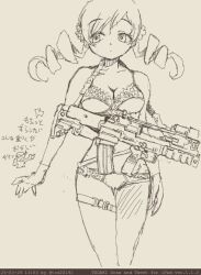 1boy 1girl assault_rifle breasts bullpup drill_hair greyscale gun holding holding_gun holding_weapon mahou_shoujo_madoka_magica monochrome rifle solo_focus tegaki_draw_and_tweet thigh_strap toshi_(little-fluffy-cloud) twin_drills vhs-d2 weapon