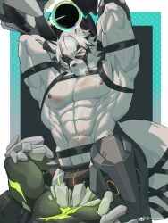 1boy abs animal_ears armpits arms_behind_head bara bulge chest_strap clenched_teeth colored_tips commentary_request ethereal_(zenless_zone_zero) eyepatch furry furry_male highres huanlinzhou male_focus multicolored_hair muscular muscular_male navel nipples pectorals prosthesis prosthetic_leg red_eyes sweat tail tail_belt teeth topless_male von_lycaon wolf_boy wolf_ears wolf_tail zenless_zone_zero