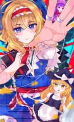 absurdres alice_margatroid apron artist_name black_vest blonde_hair blue_dress book bow braid capelet commentary crescent crescent_hair_ornament crescent_hat_ornament crescent_pin doll dress english_commentary english_text frilled_hairband frilled_sash frills grimoire grimoire_of_alice hair_bow hair_ornament hair_tubes hairband hat hat_bow hat_ornament highres hirwannew jewelry kirisame_marisa library lolita_hairband mini-hakkero mob_cap mukyuu multiple_girls patchouli_knowledge puppet_rings puppet_strings purple_eyes purple_hair red_hairband ring sash self-upload side_braid single_braid striped_clothes striped_dress touhou vertical-striped_clothes vertical-striped_dress vest voile waist_apron watermark white_bow white_capelet witch_hat