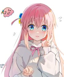 1girl absurdres artist_name blue_eyes blush bocchi_the_rock! bow chinese_commentary choppy_bangs chromatic_aberration commentary_request crossed_bangs cube_hair_ornament embarrassed gotoh_hitori gotoh_hitori_(octopus) hair_between_eyes hair_ornament hand_up highres hood hoodie long_bangs long_hair long_sleeves looking_at_viewer notice_lines parted_lips pink_bow pink_hair raised_inner_eyebrows simple_background solo straight_hair sweat upper_body v wavy_mouth white_background white_hoodie xiaoyu_(hyh224488)