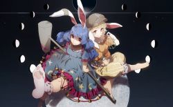 2girls animal_ears barefoot blonde_hair blue_dress blue_hair blurry brown_hat collarbone crescent_moon crescent_print dress eclipse feet flat_cap floppy_ears frilled_dress frilled_legwear frilled_shorts frilled_sleeves frills gibbous_moon hat jpeg_artifacts kine kneeling long_hair looking_at_viewer lunar_eclipse mallet moon moon_phases multiple_girls no-kan orange_shirt puffy_shorts rabbit_ears red_eyes ringo_(touhou) seiran_(touhou) shirt short_hair short_sleeves shorts sitting smile socks star_(symbol) star_print striped_clothes striped_shorts touhou twintails white_legwear yellow_shorts