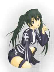 1girl belt black_boots black_eyes black_jacket black_order_uniform black_shorts black_skirt boots clenched_hand closed_mouth cross d.gray-man dotted_background earrings front_zipper gradient_background green_hair grey_background hair_between_eyes hand_up jacket jewelry leaning_forward lenalee_lee light_smile long_hair long_sleeves looking_at_viewer lowres mikuruya miniskirt shorts sidelocks sitting skirt solo striped_clothes striped_jacket stud_earrings thigh_strap thighs tongue tongue_out twintails vertical-striped_clothes vertical-striped_jacket white_background white_stripes zipper