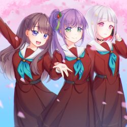3girls :d \||/ aqua_neckerchief black_gloves bob_cut brown_dress brown_hair cherry_blossoms chinese_commentary closed_mouth commentary_request cowboy_shot dress falling_petals flower fujishima_megumi gloves gorilla-chan_(axpdxsyc0222) green_eyes grey_hair hair_bun hair_flower hair_ornament half_gloves hasu_no_sora_school_uniform highres inverted_bob link!_like!_love_live! long_hair looking_at_viewer love_live! medium_dress mixed-language_commentary multicolored_hair multiple_girls neckerchief open_mouth otomune_kozue parted_lips petals pink_petals pleated_dress purple_eyes purple_hair red_flower red_hair sailor_collar sailor_dress school_uniform short_hair side_ponytail single_side_bun smile split_mouth standing streaked_hair tassel tassel_hair_ornament teeth two_side_up white_sailor_collar winter_uniform yugiri_tsuzuri