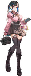 1girl absurdres bag black_bow black_choker black_hair black_ribbon black_skirt black_thighhighs blue_hair boots bow breasts choker earrings frilled_shirt frills hair_ornament high-waist_skirt highres holding holding_bag holding_phone jewelry jirai_kei large_breasts long_hair long_sleeves looking_at_viewer mask momdy_(talesshinja) mouth_mask multicolored_hair original phone pink_shirt red_eyes ribbon shirt simple_background skirt solo streaked_hair thighhighs white_background x_hair_ornament