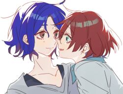 1boy 1girl amate_yuzuriha aqua_eyes blue_hair collared_shirt colored_inner_hair face-to-face gundam gundam_gquuuuuux hetero long_sleeves looking_at_another multicolored_hair open_mouth purple_hair red_eyes red_hair school_uniform shirt short_hair shuji_ito simple_background smile sweater tearing_up two-tone_hair upper_body wano_(ha_nnnn0) white_background white_shirt