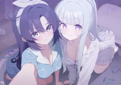 2girls :q arm_support artist_name barefoot blue_archive blue_pajamas blurry blurry_background bottle breasts cleavage closed_mouth deyui fanbox_logo feet frilled_pajamas frills grey_hair hair_between_eyes heads_together highres indoors large_breasts light_blush long_hair long_sleeves looking_at_viewer multiple_girls nightgown noa_(blue_archive) noa_(pajamas)_(blue_archive) official_alternate_costume paid_reward_available pajamas patreon_logo plastic_bottle purple_eyes purple_hair revision rug seiza sitting sleepwear smile soles toes tongue tongue_out very_long_hair water_bottle white_nightgown white_pajamas wooden_floor yuuka_(blue_archive) yuuka_(pajamas)_(blue_archive)