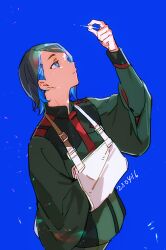 1girl arm_sling asticassia_school_uniform black_hair blue_background blue_eyes blue_hair closed_mouth colored_inner_hair commentary dated expressionless green_jacket gundam gundam_suisei_no_majo haun holding jacket long_sleeves multicolored_hair nika_nanaura school_uniform short_hair simple_background solo upper_body