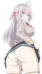 1girl absurdres alisa_mikhailovna_kujou angry ass black_skirt blazer breasts closed_mouth clothes_lift commentary from_behind grey_hair grey_jacket highres jacket large_breasts lifting_own_clothes long_hair looking_at_viewer panties school_uniform seiren_academy_school_uniform senor_h simple_background skirt skirt_lift solo tank_top thighs tokidoki_bosotto_roshia-go_de_dereru_tonari_no_alya-san underwear variant_set white_background white_panties white_tank_top