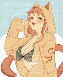 Rule 34 | 1girl, :3, alternate costume, animal ear hood, animal ears, animal hood, bikini, blush, breasts, brown eyes, cat ears, cat hood, cat tail, character name, cleavage, collarbone, commentary request, earrings, fake animal ears, fake whiskers, fang, green bikini, hand up, heart, highres, hood, hoodie, jewelry, large breasts, long hair, long sleeves, looking at viewer, nami (one piece), one piece, open clothes, open hoodie, open mouth, orange hair, pearl earrings, skin fang, sleeves past wrists, solo, swimsuit, tail, tongue, twitter username, upper body, v, wavy hair, yellow hoodie, yum xoxo yum