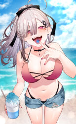 1girl ahoge beach bikini blue_sky blush breasts cloud day food gomo grey_hair hair_ornament hair_over_one_eye highres horizon large_breasts long_hair looking_at_viewer mole mole_under_eye navel nijisanji ocean open_mouth outdoors pink_eyes sand shaved_ice shore sky solo sukoya_kana swimsuit twintails virtual_youtuber water x x_hair_ornament