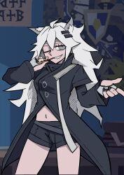 1girl absurdres animal_ears arknights black_coat black_shorts chinese_commentary coat commentary_request cowboy_shot fingerless_gloves food gloves grey_eyes grey_gloves grey_hair grin hair_ornament hairclip highres holding holding_food indoors lappland_(arknights) long_hair long_sleeves looking_at_viewer mikiseriavoid navel one_eye_closed pocky short_shorts shorts smile solo standing stomach thighs very_long_hair wolf_ears