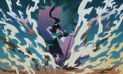 1other adagumo_no_yaorochi androgynous bare_shoulders black_hair black_kimono black_sleeves blue_sky bottle_opener cape chinese_commentary commentary_request dawn detached_sleeves faceless floating floating_cape floating_hair floral_print frilled_cape full_body gradient_sky green_jacket green_scarf hair_ornament hair_scrunchie hakama hakama_skirt high_side_ponytail highres holding holding_sword holding_weapon jacket japanese_clothes jinbaori kimono len&#039;en long_hair long_sleeves multiple_tails mxx33 other_focus outdoors pom_pom_(clothes) prehensile_tail purple_cape purple_hakama red_scarf scarf scrunchie skirt sky sleeveless sleeveless_kimono smoke snake_tail solo sword sword_of_kusanagi tail tasouken very_long_hair weapon white_scrunchie wide_sleeves