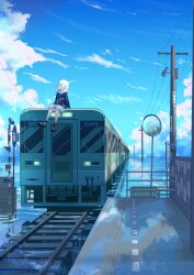 1girl absurdres blue_hair blue_hoodie gawr_gura gawr_gura_(1st_costume) highres hololive hololive_english hood hoodie mirror ocean outdoors rimudoya sitting solo train virtual_youtuber wide_shot