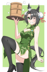 Rule 34 | 1girl, ;), absurdres, abyss kpn (ki), alternate hairstyle, animal ears, bare shoulders, black hair, black thighhighs, border, breasts, china dress, chinese clothes, cleavage, cleavage cutout, clothing cutout, crown, double bun, dress, ear ornament, ear through crown, green background, green dress, green eyes, hair between eyes, hair bun, high heels, highres, holding, holding tray, horse ears, horse girl, leg up, looking at viewer, medium breasts, mini crown, multicolored hair, one eye closed, pelvic curtain, satono crown (umamusume), simple background, sleeveless, sleeveless dress, smile, solo, streaked hair, thighhighs, tray, umamusume, white border, white hair