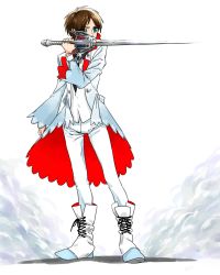 Rule 34 | 1boy, bad id, bad pixiv id, black hair, cosplay, eren yeager, green eyes, guwaba (jyh4661), highres, holding sword, male focus, rapier, rwby, shingeki no kyojin, short hair, solo, sword, weapon, weiss schnee, weiss schnee (cosplay), white background